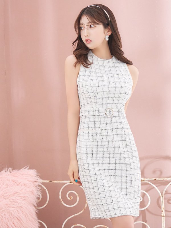 画像4: Lサイズあり【DEA./ディア】バストカット/ シンプル/ ツイード/ ベルト/ タイト/ 膝丈/ ミディアムドレス/ キャバドレス[OF08]