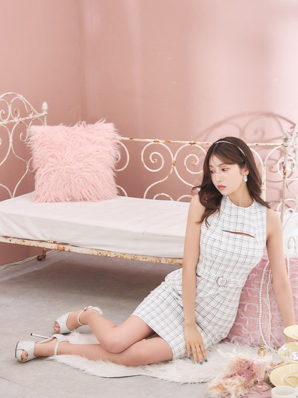 画像5: Lサイズあり【DEA./ディア】バストカット/ シンプル/ ツイード/ ベルト/ タイト/ 膝丈/ ミディアムドレス/ キャバドレス[OF08]