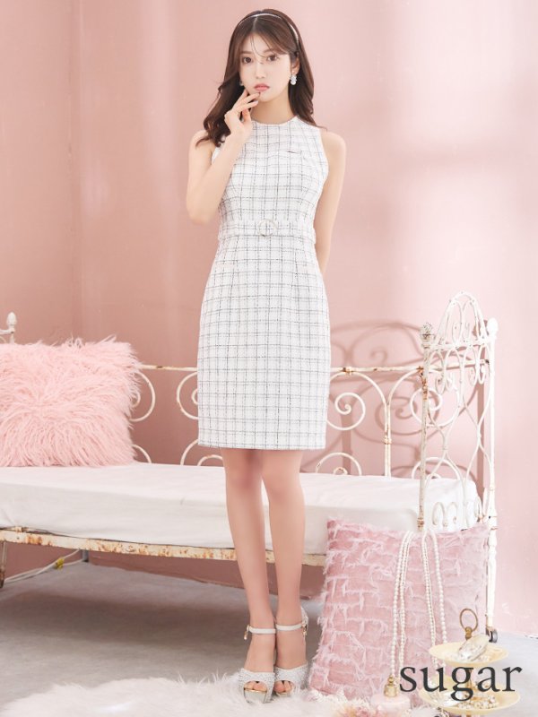 画像7: Lサイズあり【DEA./ディア】バストカット/ シンプル/ ツイード/ ベルト/ タイト/ 膝丈/ ミディアムドレス/ キャバドレス[OF08]