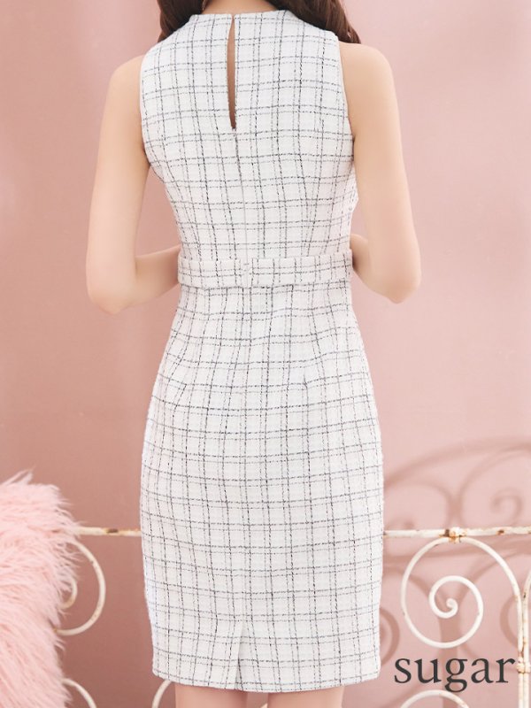 画像9: Lサイズあり【DEA./ディア】バストカット/ シンプル/ ツイード/ ベルト/ タイト/ 膝丈/ ミディアムドレス/ キャバドレス[OF08]