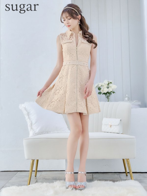 画像7: Lサイズあり【DEA./ディア】ナチュラルレース/ バストジップ/ ベルト/ プリーツ/ フレア/ ミニドレス/ キャバドレス[OF08]