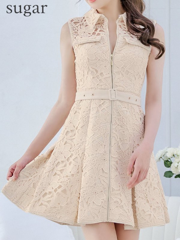 画像8: Lサイズあり【DEA./ディア】ナチュラルレース/ バストジップ/ ベルト/ プリーツ/ フレア/ ミニドレス/ キャバドレス[OF08]