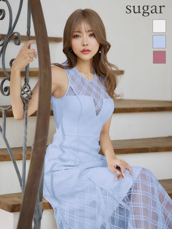 画像16: Lサイズあり【DEA./ディア】ノースリーブ/ シースルー/ チェック/ レデイサマー/ フレア/ Aライン/ ミディアムドレス/ キャバドレス[OF08]