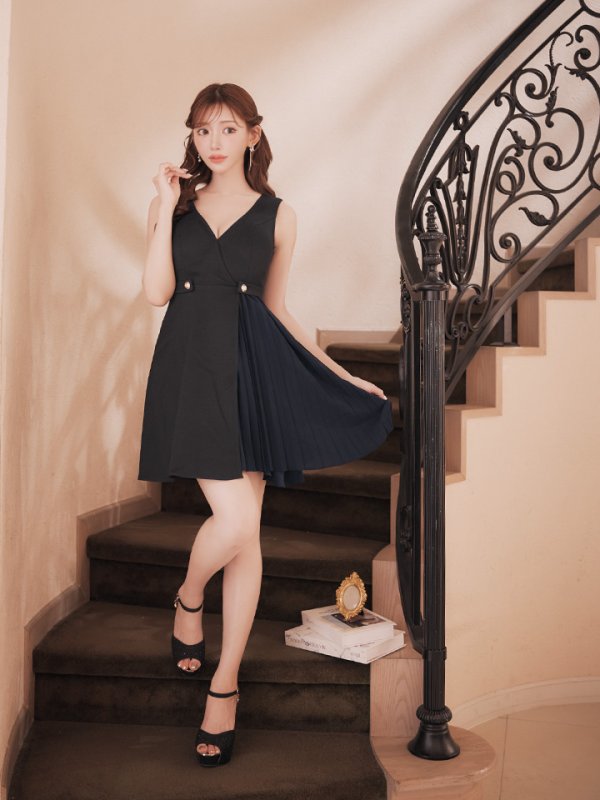 画像8: Lサイズあり【DEA./ディア】ノースリーブ/ ウエストボタン/ スイッチプリーツ/ フレア/ ミディアムドレス/ キャバドレス[OF08]