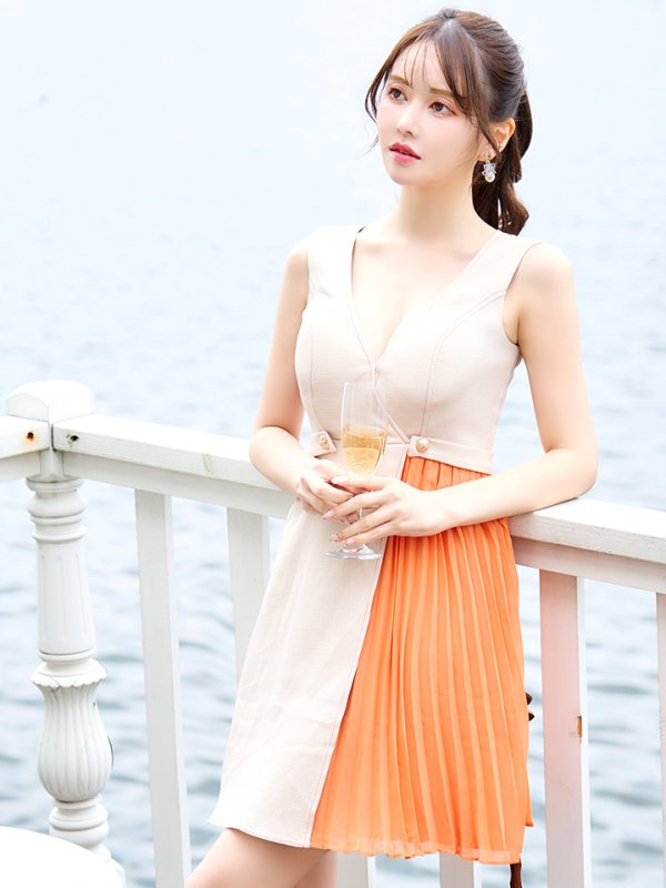 画像24: Lサイズあり【DEA./ディア】ノースリーブ/ ウエストボタン/ スイッチプリーツ/ フレア/ ミディアムドレス/ キャバドレス[OF08]