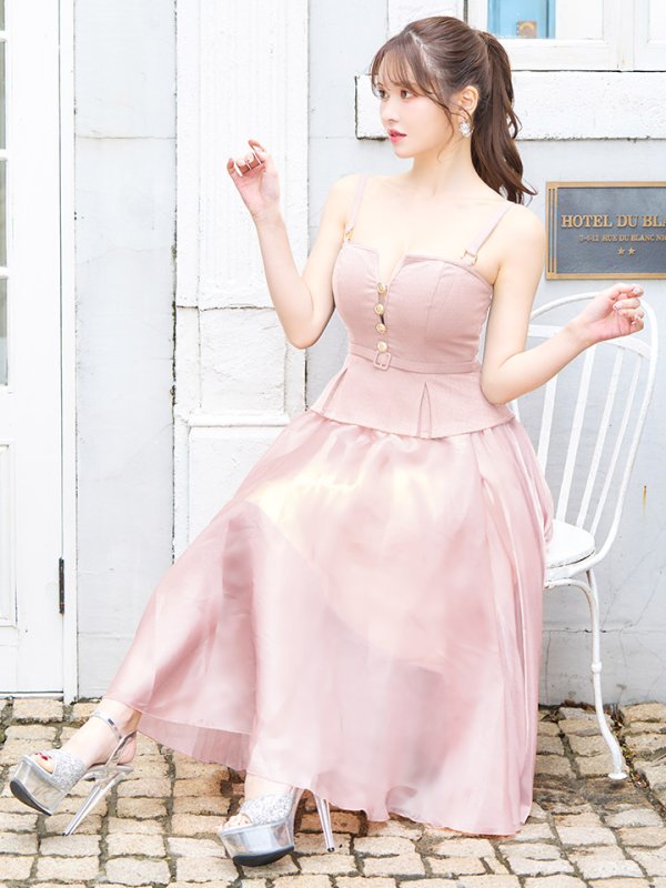 画像2: Lサイズあり【DEA.by ROBE de FLEURS/ディアバイローブドフルール】バストビジュー/ ペプラム/ ロングオーガンジー/ フレア/ ミディアムドレス/ キャバドレス[OF2]