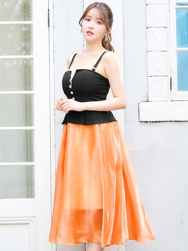 画像3: Lサイズあり【DEA./ディア】バストビジュー/ ペプラム/ ロングオーガンジー/ フレア/ ミディアムドレス/ キャバドレス[OF08]