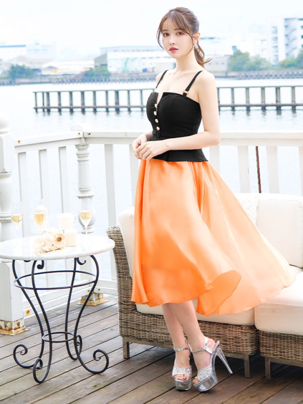 画像4: Lサイズあり【DEA./ディア】バストビジュー/ ペプラム/ ロングオーガンジー/ フレア/ ミディアムドレス/ キャバドレス[OF08]