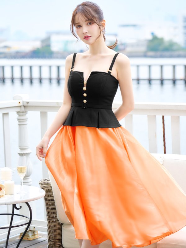 画像5: Lサイズあり【DEA./ディア】バストビジュー/ ペプラム/ ロングオーガンジー/ フレア/ ミディアムドレス/ キャバドレス[OF08]