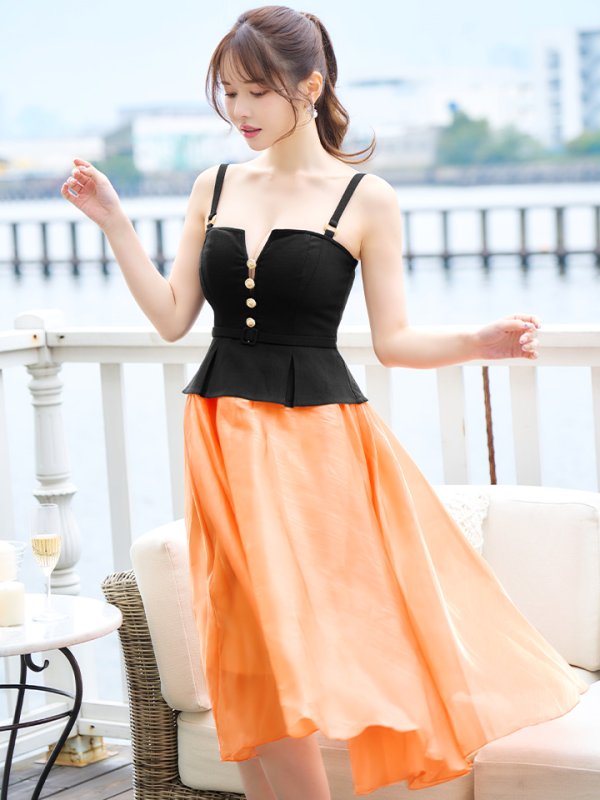 画像6: Lサイズあり【DEA./ディア】バストビジュー/ ペプラム/ ロングオーガンジー/ フレア/ ミディアムドレス/ キャバドレス[OF08]