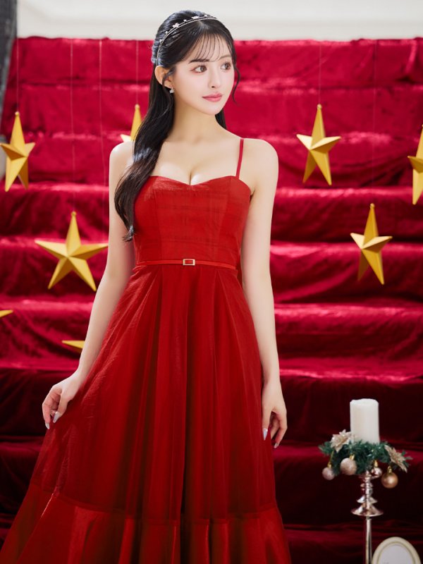 画像14: Lサイズあり【DEA./ディア】シフォン/ キャミ/ ベルトデザイン/ フレア/ ミモレ丈/ ミディアムドレス/ キャバドレス[OF08]