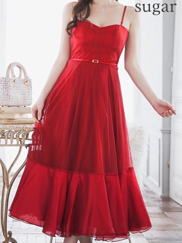 画像28: Lサイズあり【DEA./ディア】シフォン/ キャミ/ ベルトデザイン/ フレア/ ミモレ丈/ ミディアムドレス/ キャバドレス[OF08]