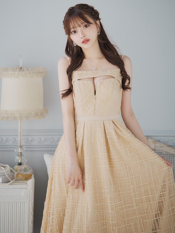 画像3: Lサイズあり【DEA./ディア】デコルテジップ/ チェック/ レース/ フレア/ ミモレ丈/ ミディアムドレス/ キャバドレス[OF08]