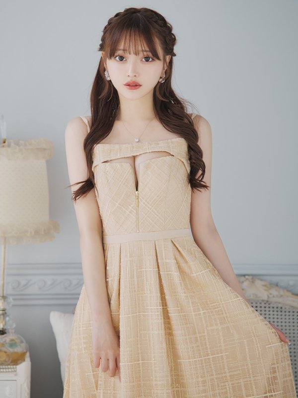 画像4: Lサイズあり【DEA./ディア】デコルテジップ/ チェック/ レース/ フレア/ ミモレ丈/ ミディアムドレス/ キャバドレス[OF08]