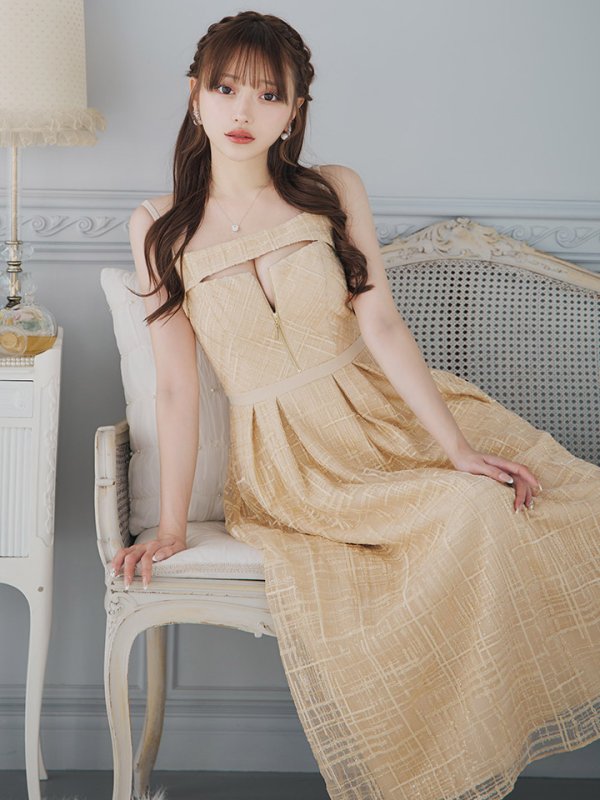 画像6: Lサイズあり【DEA./ディア】デコルテジップ/ チェック/ レース/ フレア/ ミモレ丈/ ミディアムドレス/ キャバドレス[OF08]