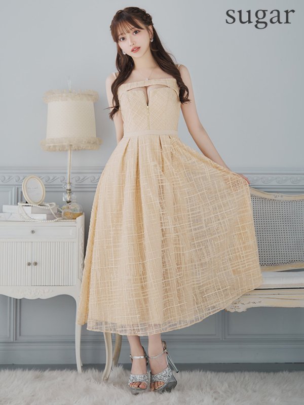 画像7: Lサイズあり【DEA./ディア】デコルテジップ/ チェック/ レース/ フレア/ ミモレ丈/ ミディアムドレス/ キャバドレス[OF08]