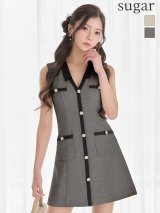 XSサイズあり【DEA./ディア】配色ライン/ Vネック/ ノースリーブ/ 台形/ フレア/ Aライン/ミニドレス/ キャバドレス[OF08]