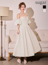 【予約商品/12月中旬発送予定】Lサイズあり【DEA./ディア】ラメ/ ジャガード/ オフショル/ バルーンスリーブ/ フレア/ ミディアムドレス/ キャバドレス long[OF08]