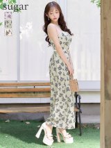 【予約商品/6月下旬発送予定】XS-Lサイズあり【DEA./ディア】Flower bear long dress/ 花柄/ フラワープリント/ ベア/ ウエストベルト/ ワンピース/ フレア/ ミディアムドレス/ キャバドレス long[OF08]