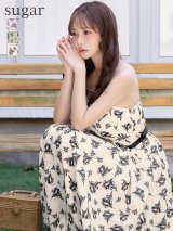 【予約商品/6月下旬発送予定】XS-Lサイズあり【DEA./ディア】Flower bear long dress/ 花柄/ フラワープリント/ ベア/ ウエストベルト/ ワンピース/ フレア/ ミディアムドレス/ キャバドレス long[OF08]