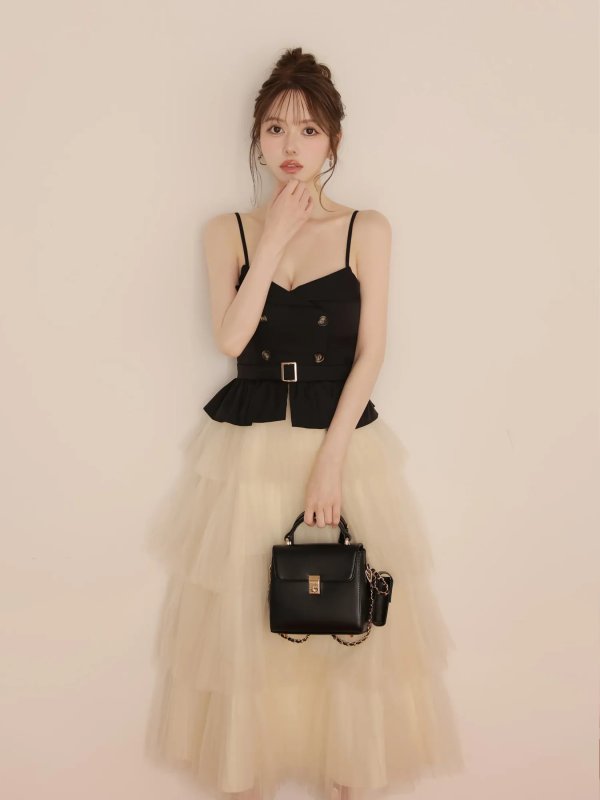 画像3: 【予約商品/9月下旬発送予定】XSサイズあり【DEA./ディア】ぺプラム/ キャミ/ プリーツ/ チュール/ ワンピース/ ミディアムドレス/ キャバドレス long[OF08]