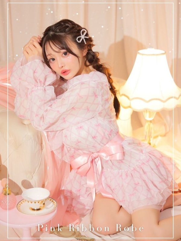画像1: 【Deco Lingerie/ デコランジェリー】 Pink Ribbon Robe/ ガウン [OF02C]