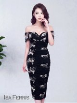 即日発送【ISA FERRIS/ イサフェリス】ハートカット/ シアー/ オフショルダー/ 立体フラワー/ 刺繍/ ストレッチ/ ミモレ丈/ タイト/ ミディアムドレス/ キャバドレス【OF05】