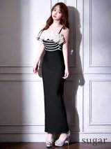 【ISA FERRIS/ イサフェリス】2WAY/ フリルショルダー/ ノースリーブ/ ボーダー/ ストレッチ/ 膝丈/ タイト/ ロングドレス/ キャバドレス【OF05】