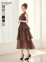 XS-Lサイズあり【ROBE de FLEURS/ローブドフルール】ベルト付き/ ドットオーガンジー/ ティアード/ フレア/ ミディアムドレス/ キャバドレス[OF08]
