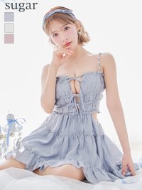 【予約商品/7月中旬発送予定】XSサイズあり【ROBE de FLEURS/ローブドフルール】シャーリング/ サテン/ ウエストスリット/ フレア/ ミニドレス/ キャバドレス[OF2]