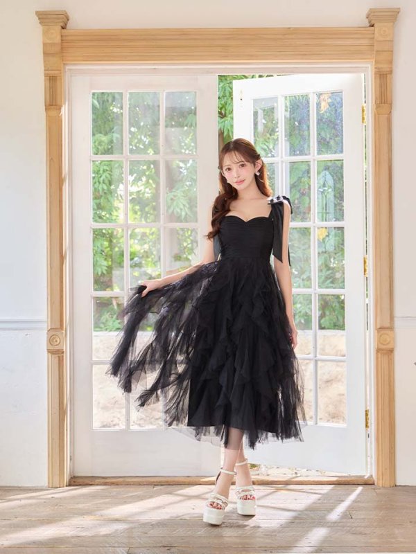 画像30: XS-Lサイズあり【ROBE de FLEURS/ローブドフルール】ボリュームチュール/ ショルダーリボン/ フレア/ ワンピース/ ミディアムドレス/ キャバドレス[OF08]