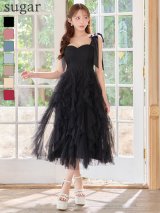 XS-Lサイズあり【ROBE de FLEURS/ローブドフルール】ボリュームチュール/ ショルダーリボン/ フレア/ ワンピース/ ミディアムドレス/ キャバドレス[OF08]