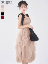 【予約商品/8月下旬発送予定】Lサイズあり【ROBE de FLEURS/ローブドフルール】ボリュームチュール/ ショルダーリボン/ フレア/ ミディアムドレス/ キャバドレス[OF08]
