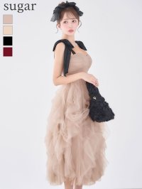 Lサイズあり【ROBE de FLEURS/ローブドフルール】ボリュームチュール/ ショルダーリボン/ フレア/ ミディアムドレス/ キャバドレス[OF08]【一部予約商品/2月下旬発送予定】