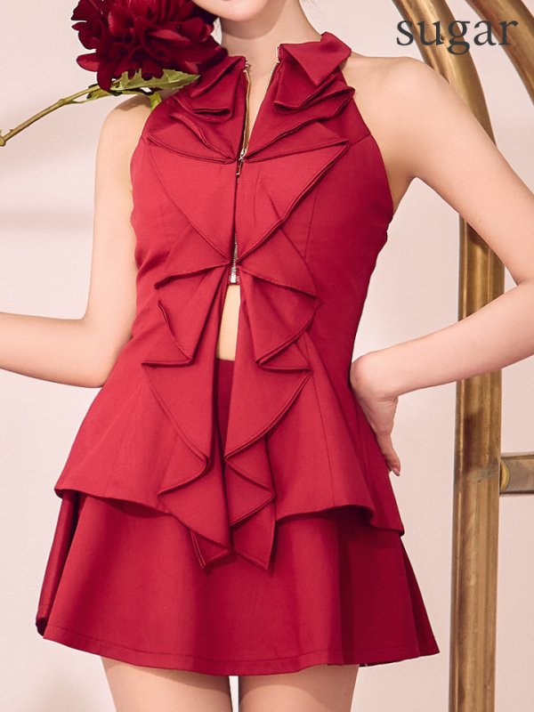 画像11: XSサイズあり【ROBE de FLEURS/ローブドフルール】フロントラッフル/ ホルター/ フレア/ セットアップ/ ミニドレス/ キャバドレス[OF08]