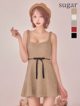 XSサイズあり【ROBE de FLEURS/ローブドフルール】ウエストリボン/ ラメ入りメルトン/ フレア/ ミニドレス/ キャバドレス[OF08]