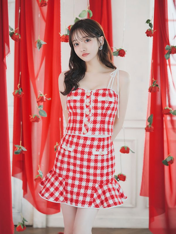 画像4: ROBE de FLEURS × sugar【XSサイズあり】【ROBE de FLEURS/ローブドフルール】メリーチェック/ キャミソール/ ツイード/ セットアップ/ ミニドレス/ キャバドレス[OF08]