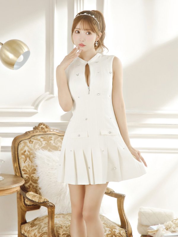 画像13: XSサイズあり【ROBE de FLEURS/ローブドフルール】ハートビジュー/ バストジップ/ プリーツ/ フレア/ ミニドレス/ キャバドレス[OF08]