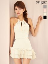 XSサイズあり【ROBE de FLEURS/ローブドフルール】ホルターネック/ バストジップ/ ビジュー/ フレア/ ツーピース/ セットアップ/ ミニドレス/ キャバドレス[OF08]