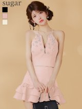 【予約商品/5月中旬発送予定】XSサイズあり【ROBE de FLEURS/ローブドフルール】ホルターネック/ バストジップ/ ビジュー/ フレア/ ツーピース/ セットアップ/ ミニドレス/ キャバドレス[OF2]