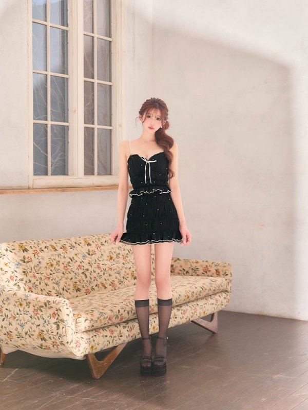 画像3: XSサイズあり【ROBE de FLEURS/ローブドフルール】ビジュー/ ラメシフォン/ リボン/ セットアップ/ ティアード/ ミニドレス/ キャバドレス[OF08]