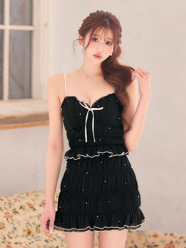 画像4: XSサイズあり【ROBE de FLEURS/ローブドフルール】ビジュー/ ラメシフォン/ リボン/ セットアップ/ ティアード/ ミニドレス/ キャバドレス[OF08]