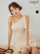 XSサイズあり【ROBE de FLEURS/ローブドフルール】サテン/ ワンショルダー/ リボン/ ティアード/ フレア/ ミニドレス/ キャバドレス[OF08]