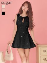 【予約商品/3月上旬発送予定】XSサイズあり【ROBE de FLEURS/ローブドフルール】フラッフィーフラワー/ ビジュー/ ショルダーリボン/ バストジップ/ ノースリーブ/ フレア/ Aライン/ ミニドレス/ キャバドレス[OF08]