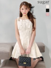 【さくら/関西コレクション着用】XSサイズあり【ROBE de FLEURS/ローブドフルール】フラッフィーフラワー/ ビジュー/ ショルダーリボン/ バストジップ/ ノースリーブ/ フレア/ Aライン/ ミニドレス/ キャバドレス[OF08]