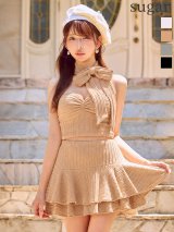 【予約商品/9月下旬発送予定】XSサイズあり【ROBE de FLEURS/ローブドフルール】ケーブルニット/ ベアトップ/ チョーカーリボン/ 二段フリル/ ティアード/ セットアップ/ フレア/ ミニドレス/ キャバドレス[OF08]