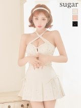 【予約商品/7月上旬発送予定】XSサイズあり【ROBE de FLEURS/ローブドフルール】クロスホルター/ ビジュー/ ミニリボン/ フレア/ セットアップ/ ミニドレス/ キャバドレス[OF2]