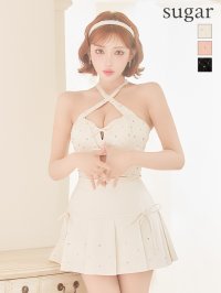XSサイズあり【ROBE de FLEURS/ローブドフルール】クロスホルター/ ビジュー/ ミニリボン/ フレア/ セットアップ/ ミニドレス/ キャバドレス【HC02】
