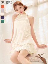 【予約商品/5月上旬発送予定】XSサイズあり【ROBE de FLEURS/ローブドフルール】ホルター/ リボン/ レースプリーツ/ ラメシフォン/ ティアード/ 2段フリル/ フレア/ ミニドレス/ キャバドレス[OF08]