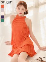 【予約商品/5月上旬発送予定】XSサイズあり【ROBE de FLEURS/ローブドフルール】ホルター/ リボン/ レースプリーツ/ ラメシフォン/ ティアード/ 2段フリル/ フレア/ ミニドレス/ キャバドレス[OF08]